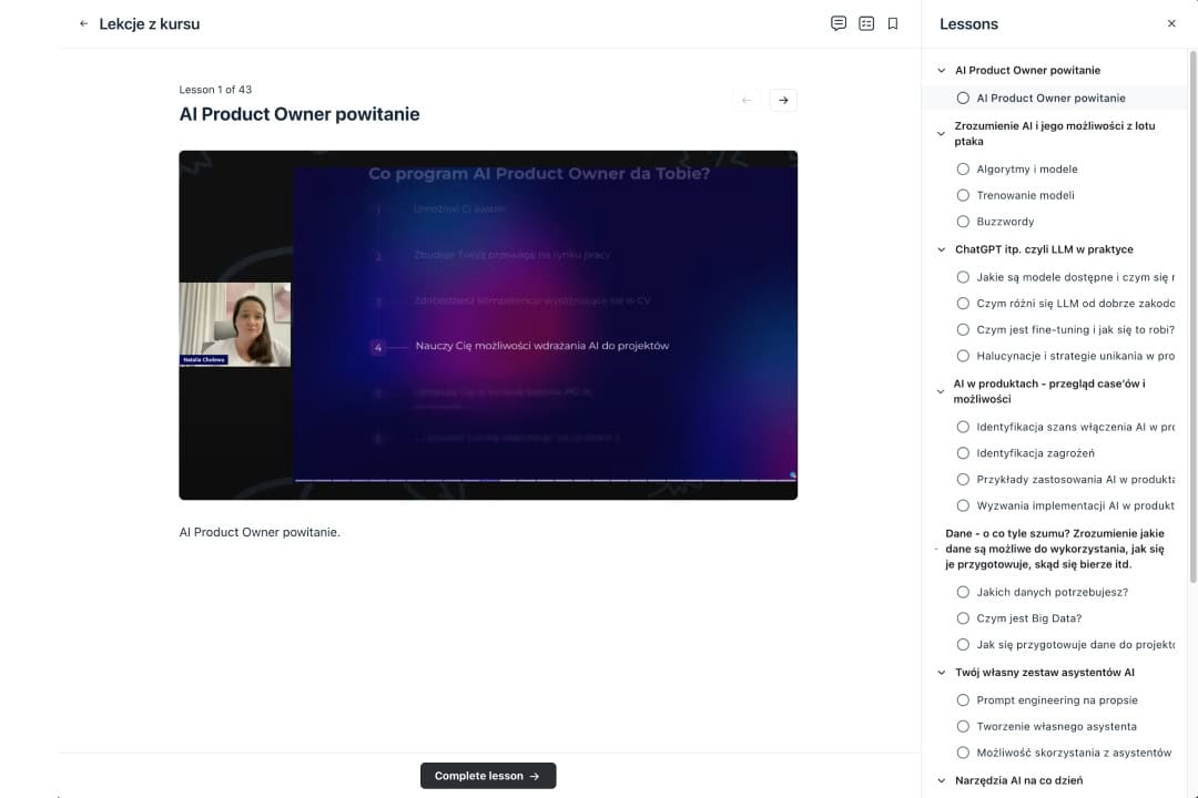 Lekcja szkolenia na platformie kursowej