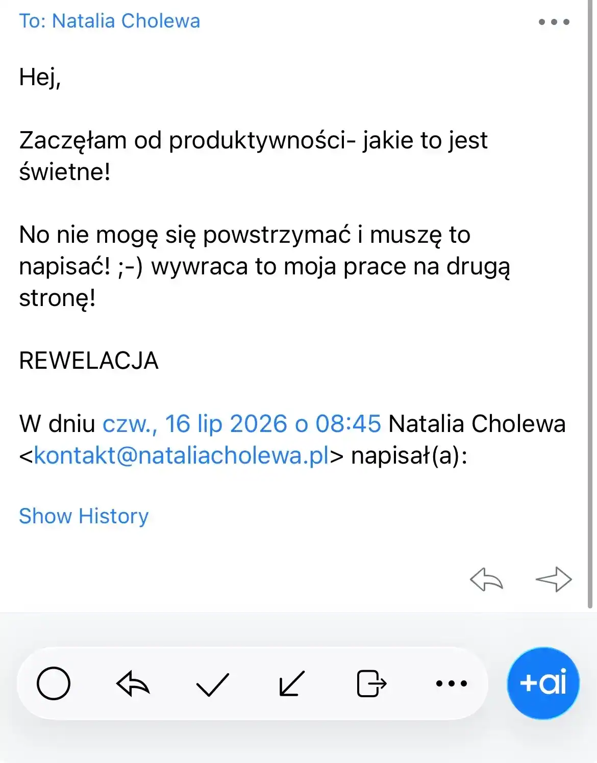 Opinia klientki o programie Produktywność w IT: zaczęłam od produktywności, jakie to jest świetne, wywraca moją pracę na drugą stronę, rewelacja