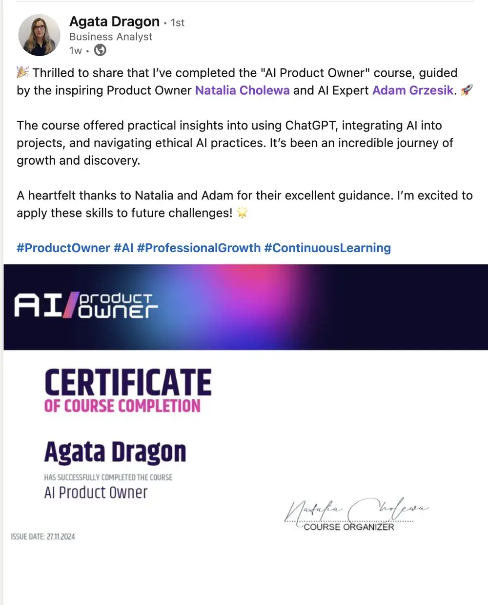 Opinia (LinkedIn) — Agata Dragon, Business Analyst