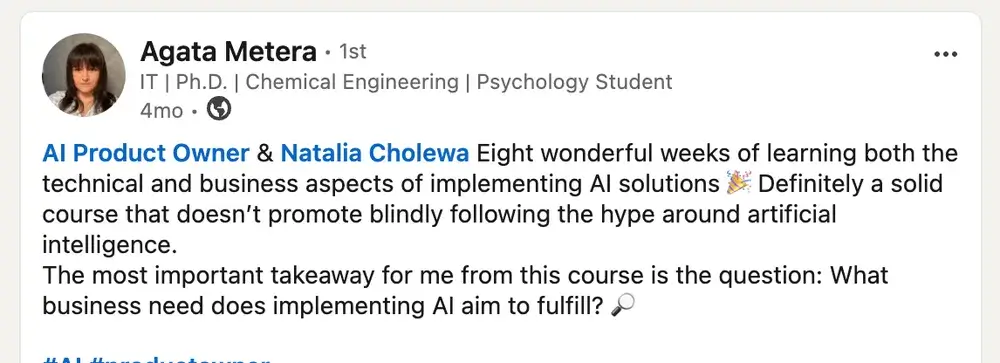 Opinia (LinkedIn) — Agata Metera, IT | Ph.D. | Chemical Engineering | Psychology Student