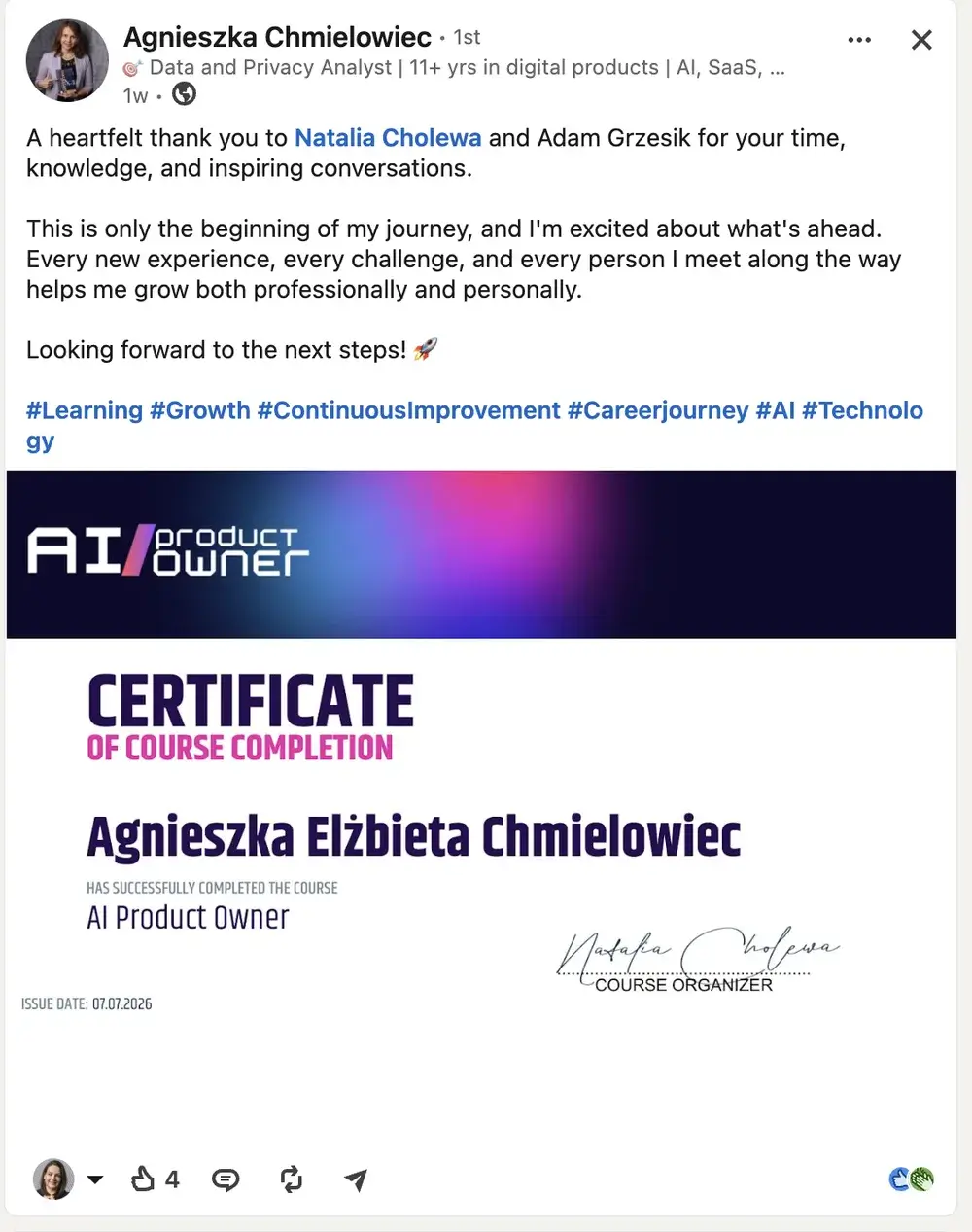 Opinia (LinkedIn) — Agnieszka Chmielowiec, Data and Privacy Analyst | 11+ yrs in digital products | AI, SaaS, …