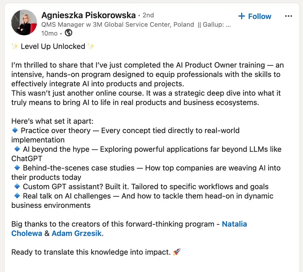 Opinia (LinkedIn) — Agnieszka Piskorowska, QMS Manager w 3M Global Service Center, Poland || Gallup: …