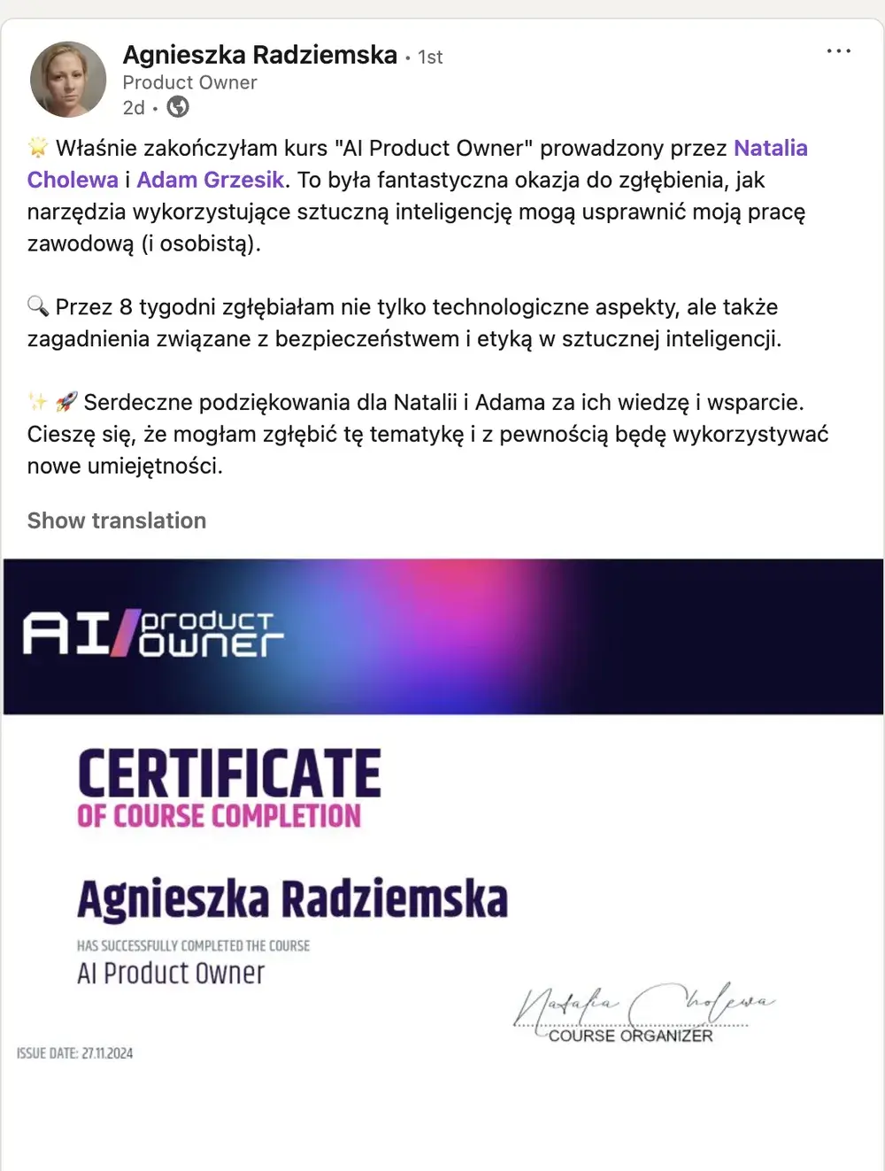 Opinia (LinkedIn) — Agnieszka Radziemska, Product Owner