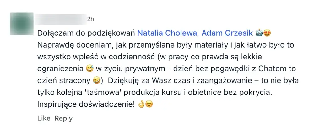 Opinia (komentarz na platformie kursu) — Kursantka