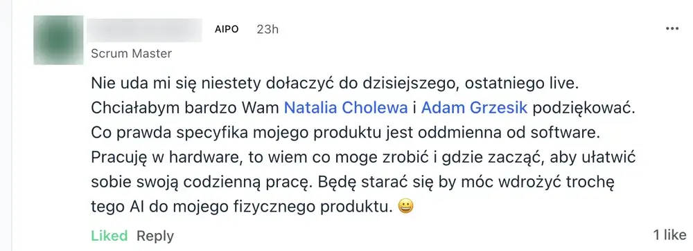 Opinia (komentarz na platformie kursu) — Kursantka, Scrum Master