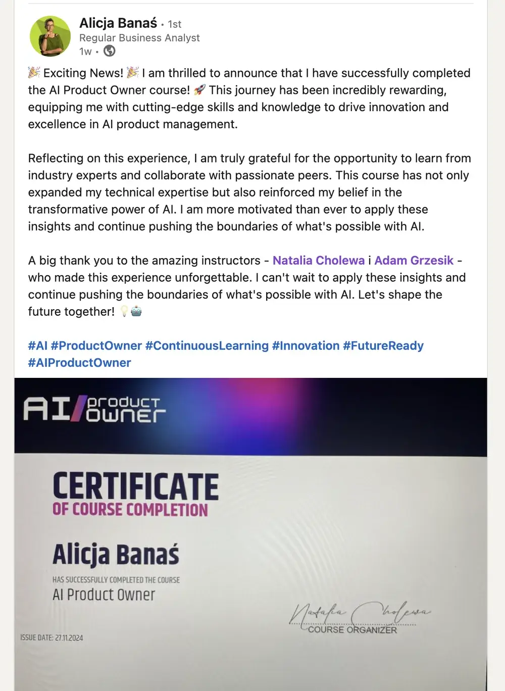 Opinia (LinkedIn) — Alicja Banaś, Regular Business Analyst