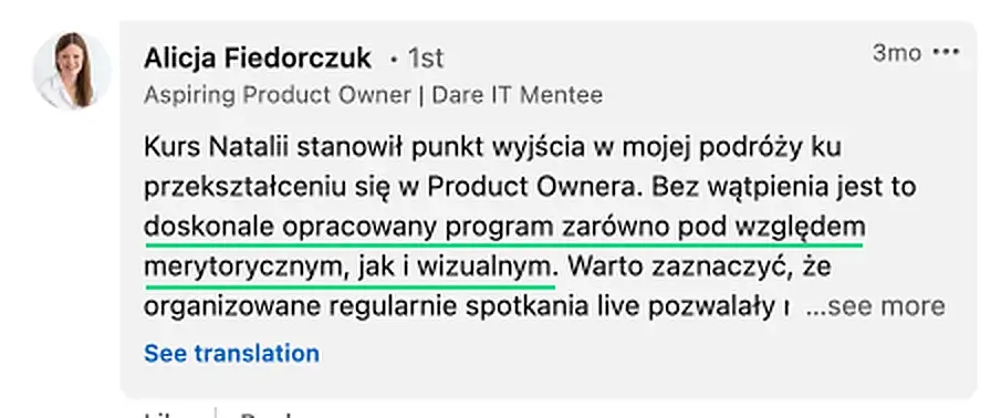 Opinia (LinkedIn) — Alicja Fiedorczuk, Aspiring Product Owner | Dare IT Mentee