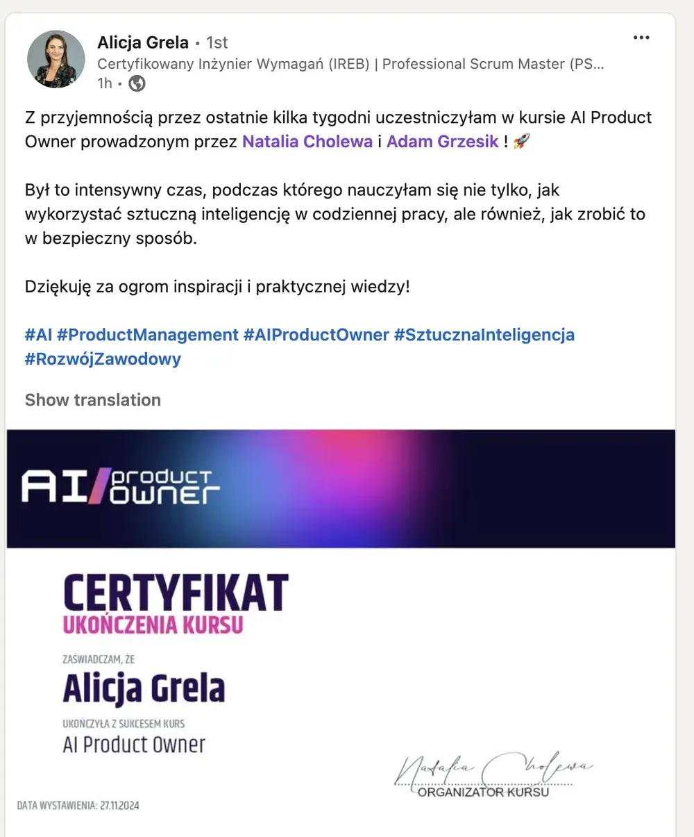Opinia (LinkedIn) — Alicja Grela, Certyfikowany Inżynier Wymagań (IREB) | Professional Scrum Master (PS…