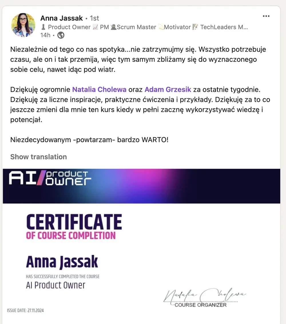 Opinia (LinkedIn) — Anna Jassak, ♟️ Product Owner 📈 PM 🥷Scrum Master 💫Motivator 🧚 TechLeaders M…