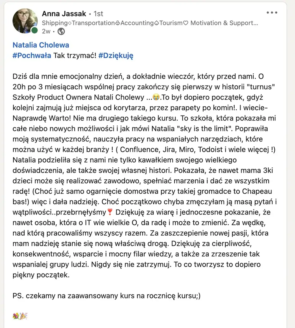Opinia (LinkedIn) — Anna Jassak, Shipping◇Transportation♧Accounting♤Tourism♡ Motivation & Support…