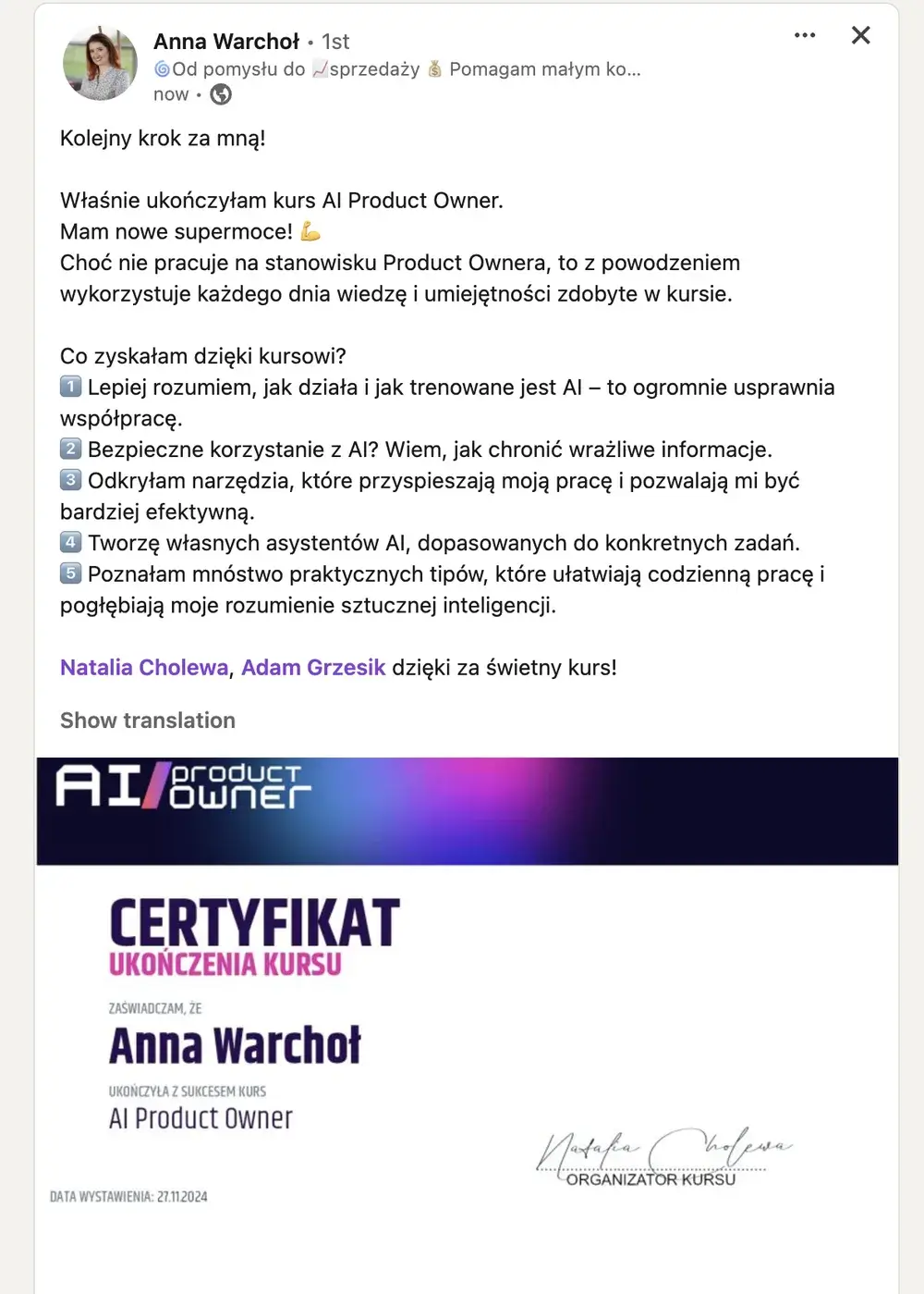 Opinia (LinkedIn) — Anna Warchoł, 🌀Od pomysłu do 📈sprzedaży 💰 Pomagam małym ko…