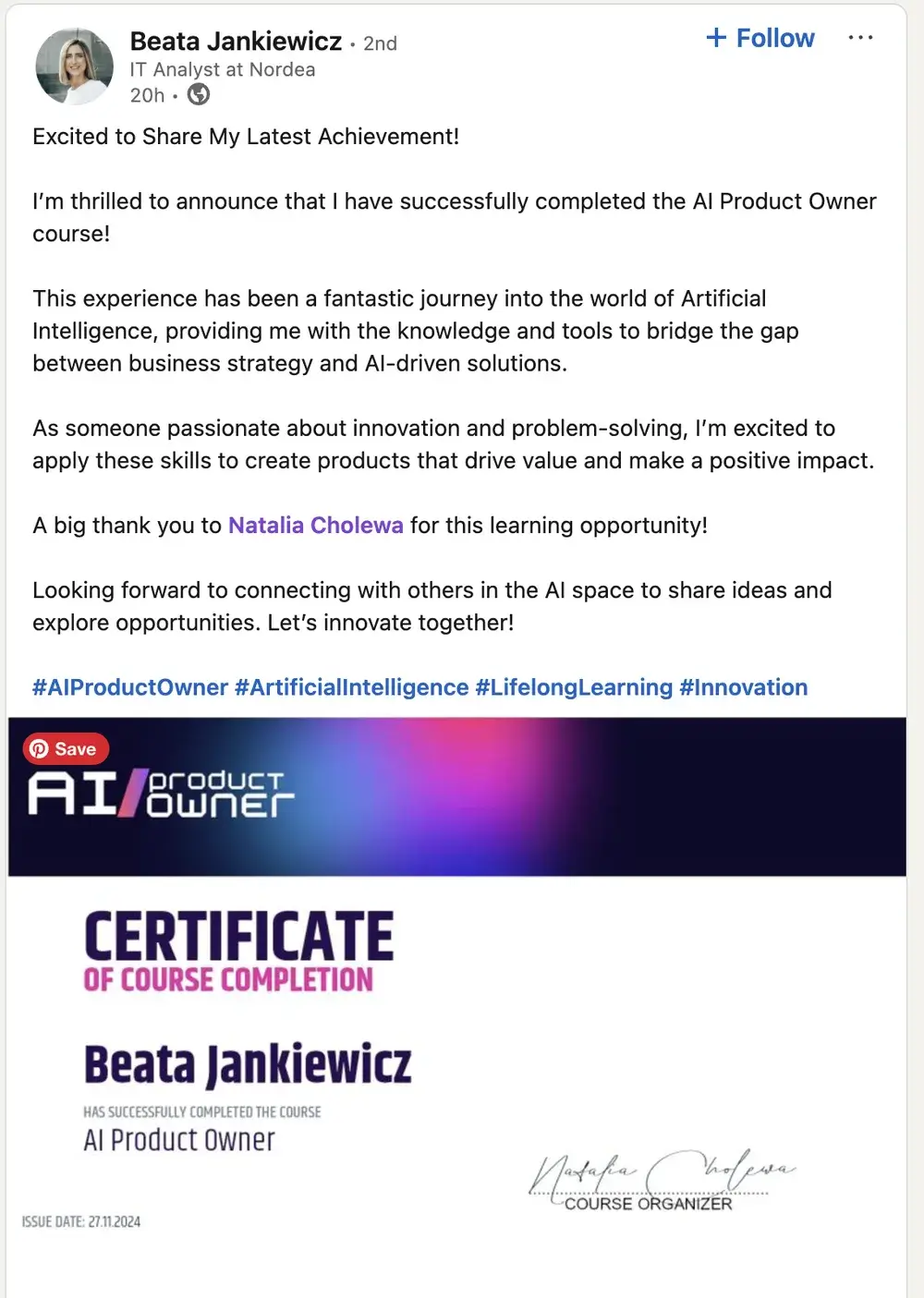 Opinia (LinkedIn) — Beata Jankiewicz, IT Analyst at Nordea