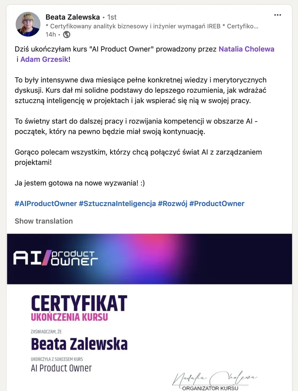 Opinia (LinkedIn) — Beata Zalewska, * Certyfikowany analityk biznesowy i inżynier wymagań IREB * Certyfiko…