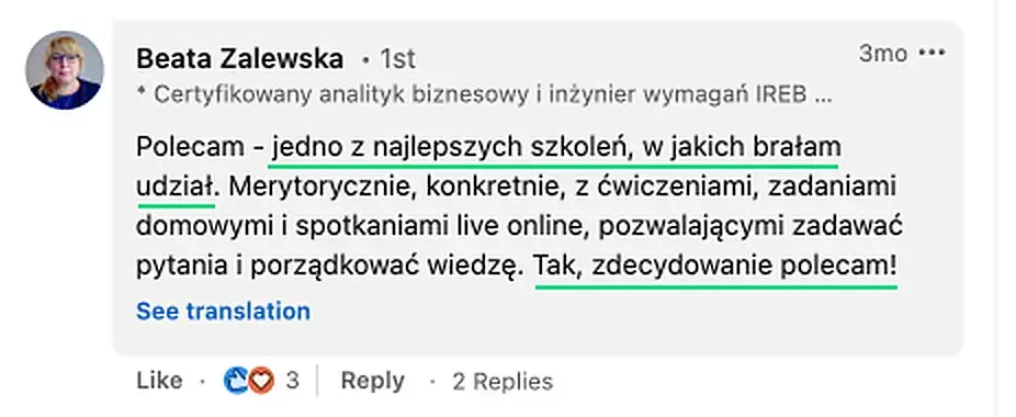 Opinia (LinkedIn) — Beata Zalewska, * Certyfikowany analityk biznesowy i inżynier wymagań IREB