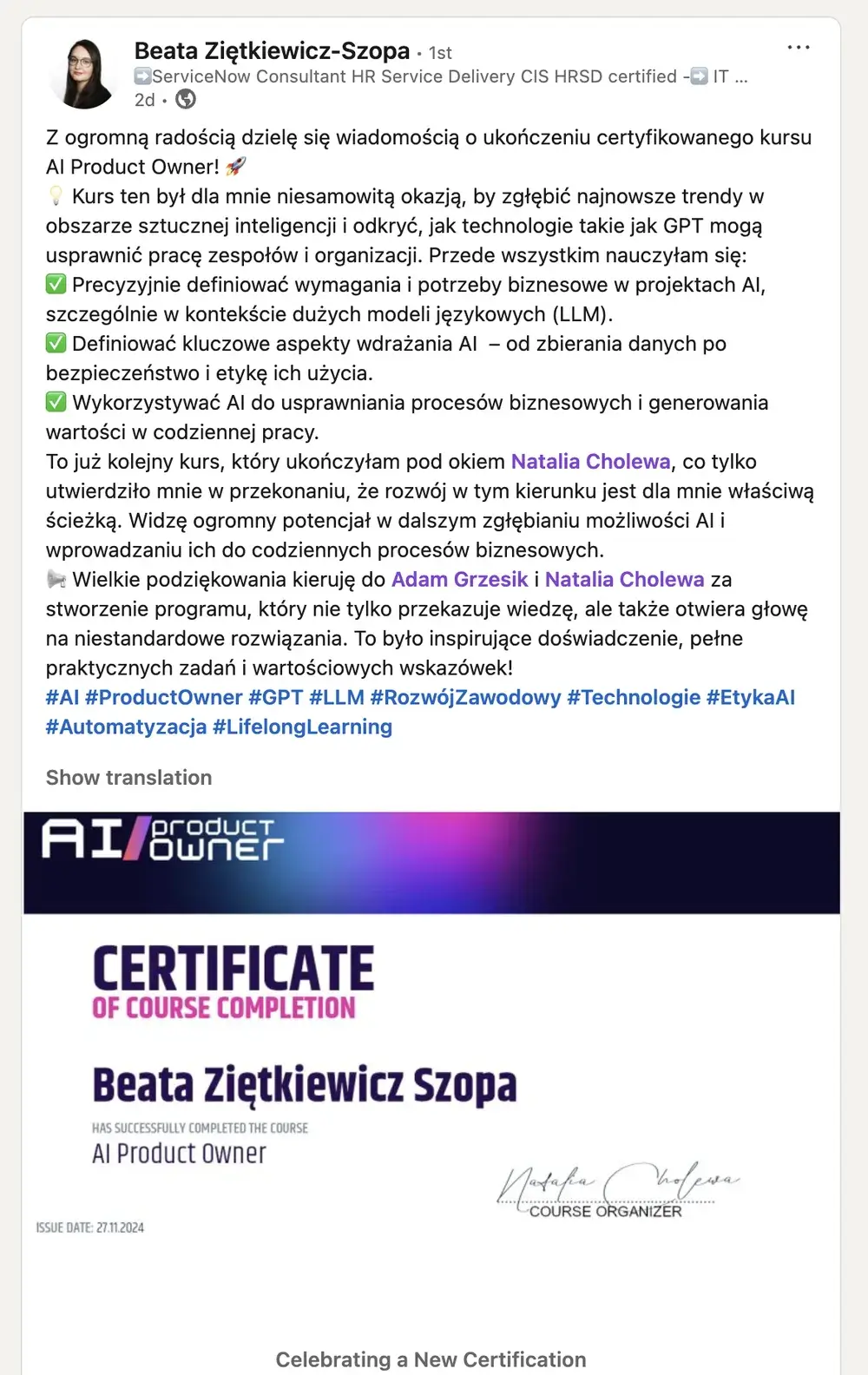 Opinia (LinkedIn) — Beata Ziętkiewicz-Szopa, ➡️ServiceNow Consultant HR Service Delivery CIS HRSD certified -➡️ IT …