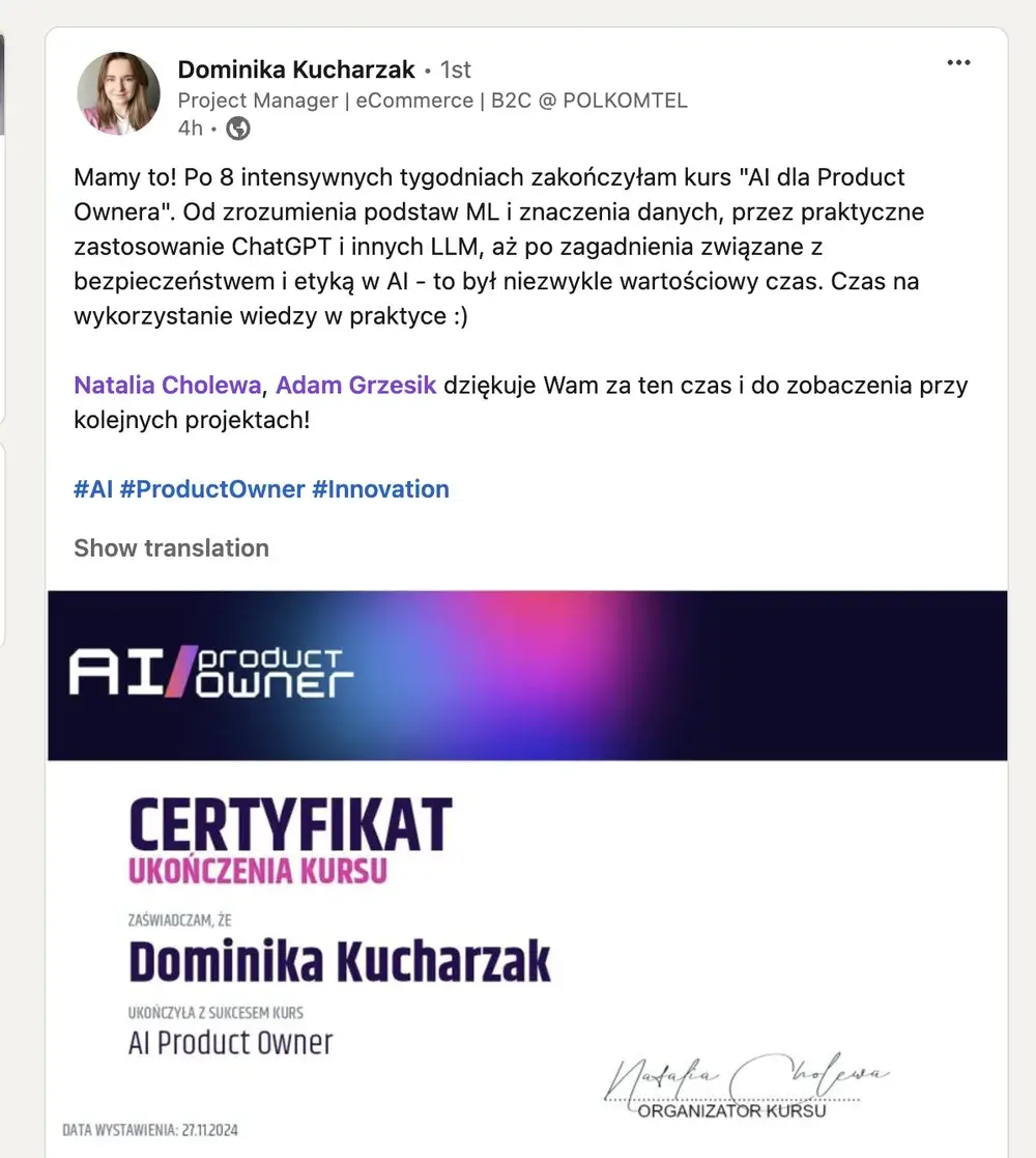 Opinia (LinkedIn) — Dominika Kucharzak, Project Manager | eCommerce | B2C @ POLKOMTEL