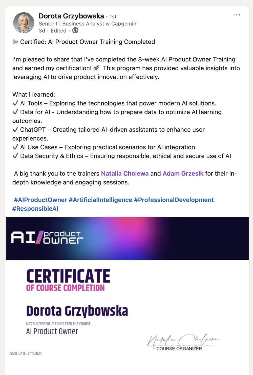 Opinia (LinkedIn) — Dorota Grzybowska, Senior IT Business Analyst w Capgemini