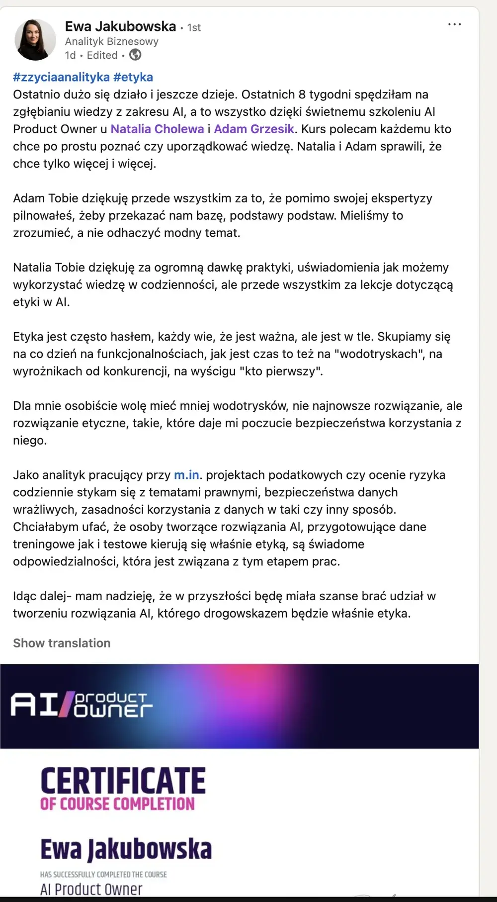 Opinia (LinkedIn) — Ewa Jakubowska, Analityk Biznesowy