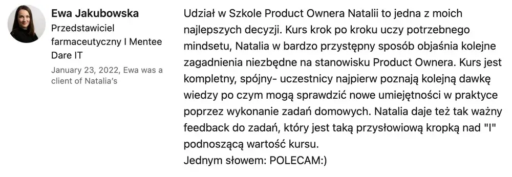 Opinia (LinkedIn) — Ewa Jakubowska, Przedstawiciel farmaceutyczny I Mentee Dare IT