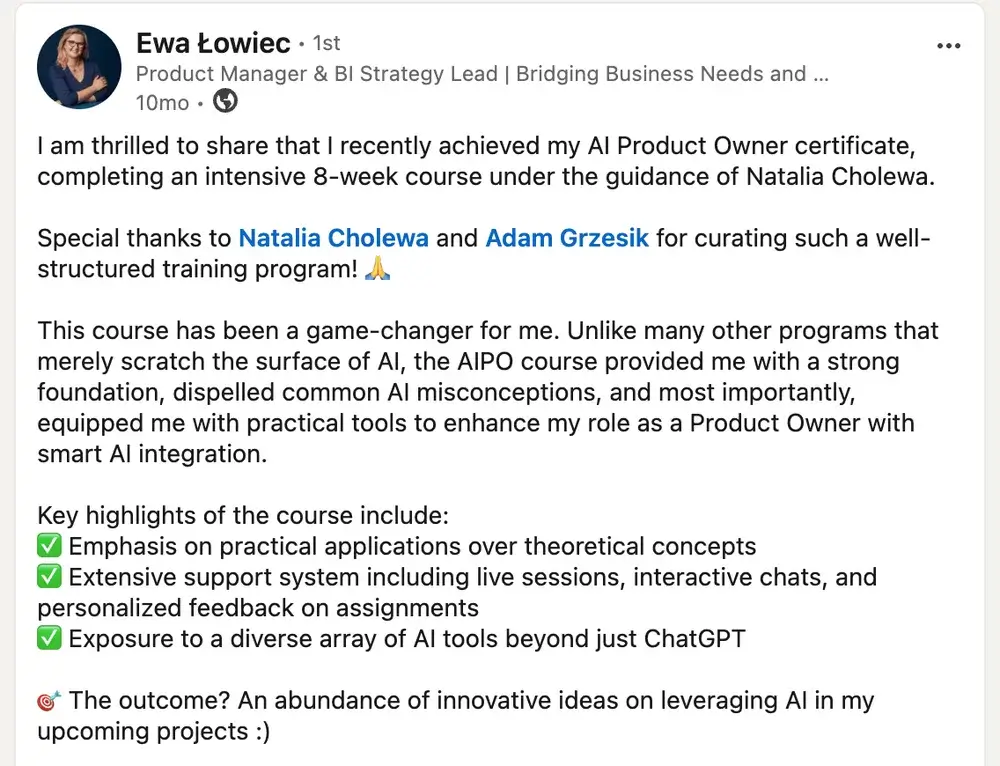 Opinia (LinkedIn) — Ewa Łowiec, Product Manager & BI Strategy Lead | Bridging Business Needs and …