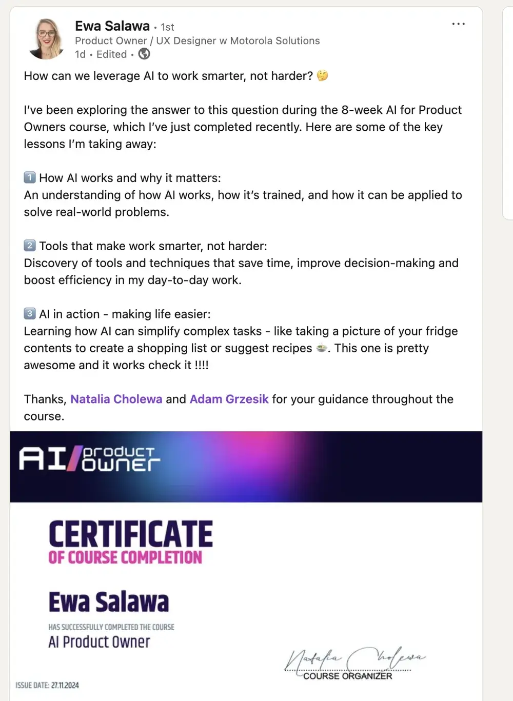 Opinia (LinkedIn) — Ewa Salawa, Product Owner / UX Designer w Motorola Solutions