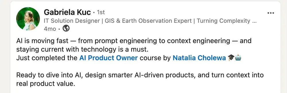 Opinia (LinkedIn) — Gabriela Kuc, IT Solution Designer | GIS & Earth Observation Expert | Turning Complexity …