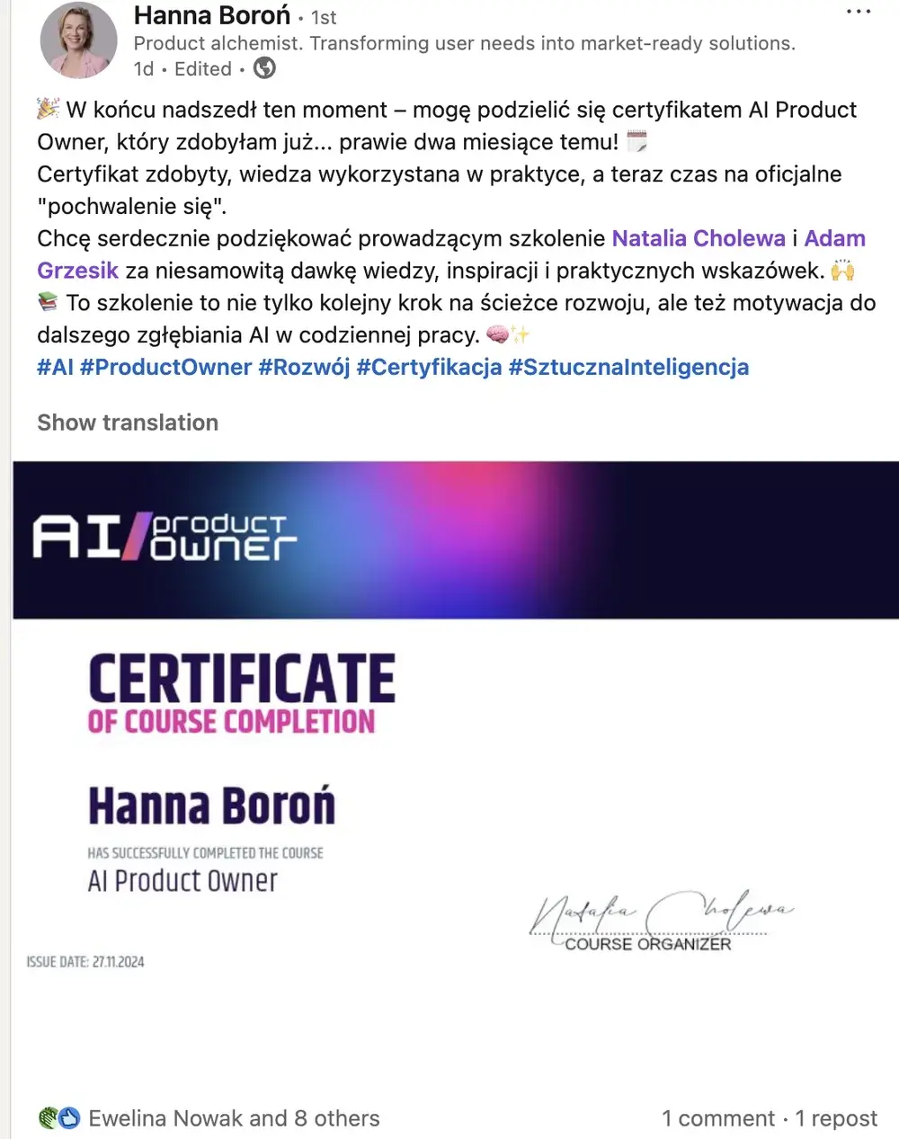 Opinia (LinkedIn) — Hanna Boroń, Product alchemist. Transforming user needs into market-ready solutions.