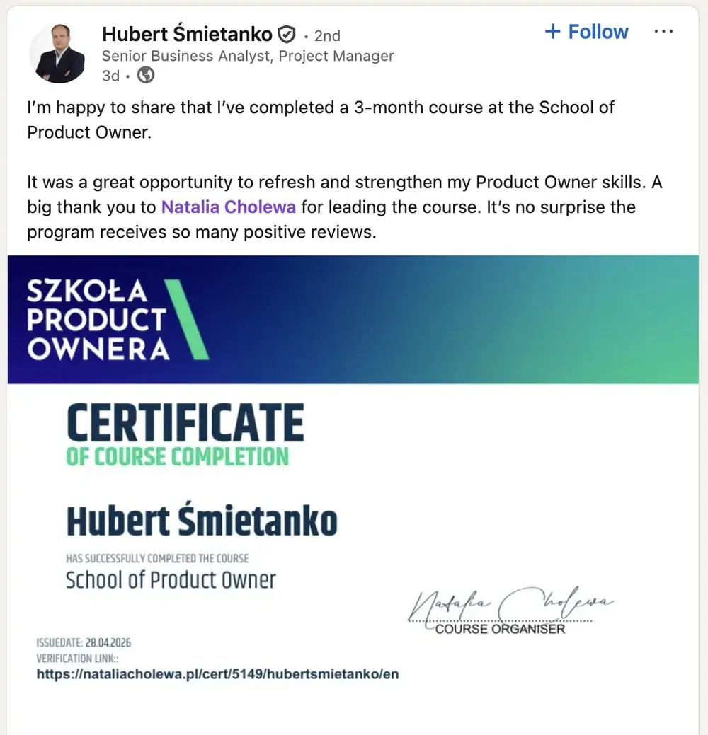 Opinia (LinkedIn) — Hubert Śmietanko, Senior Business Analyst, Project Manager