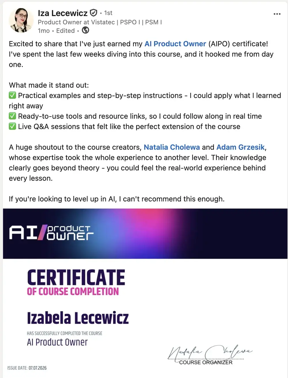 Opinia (LinkedIn) — Iza Lecewicz, Product Owner at Vistatec | PSPO I | PSM I