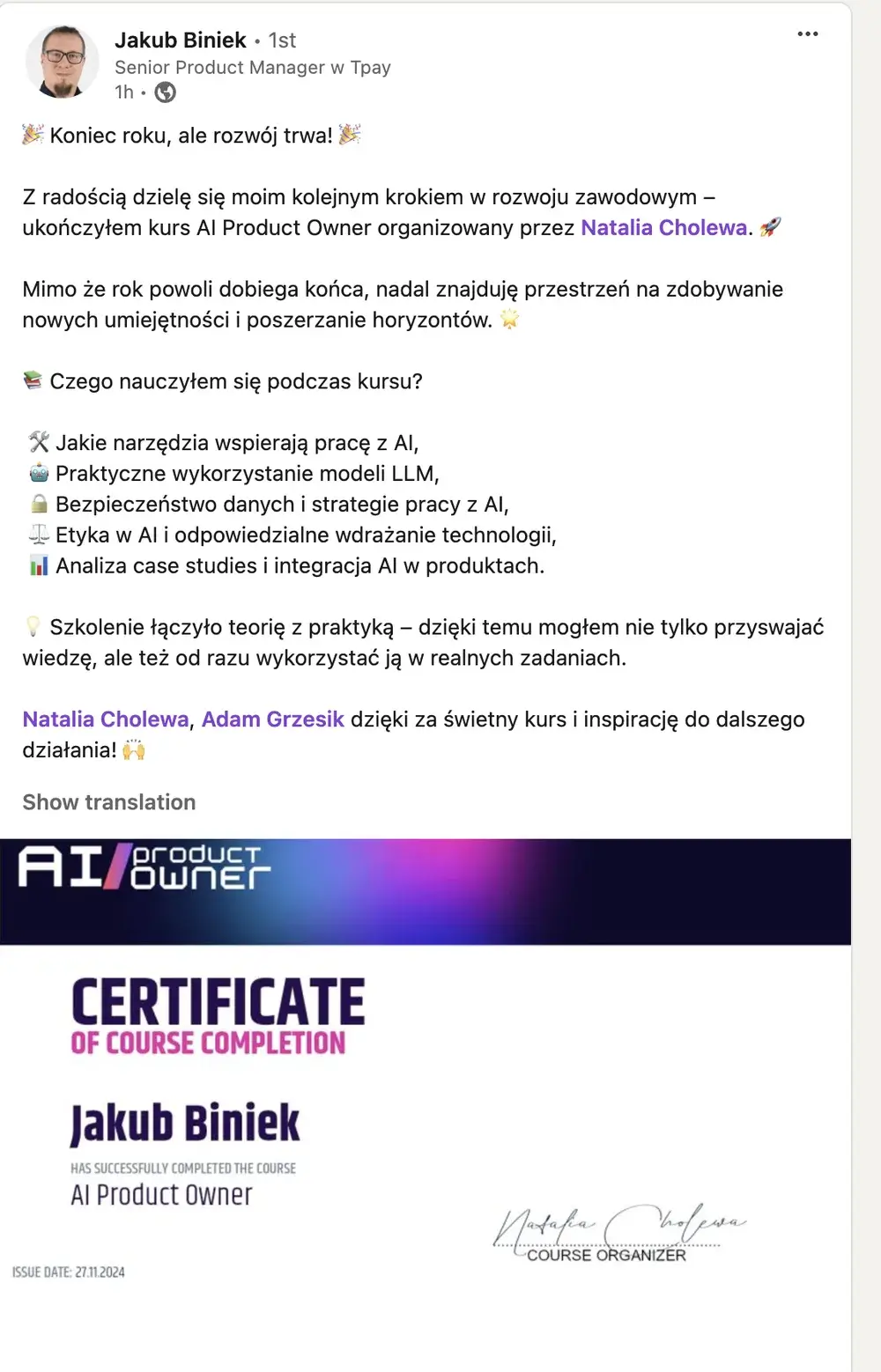 Opinia (LinkedIn) — Jakub Biniek, Senior Product Manager w Tpay