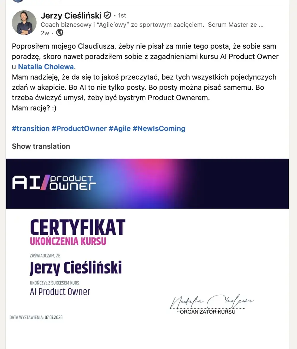 Opinia (LinkedIn) — Jerzy Cieśliński, Coach biznesowy i “Agile’owy” ze sportowym zacięciem. Scrum Master ze …
