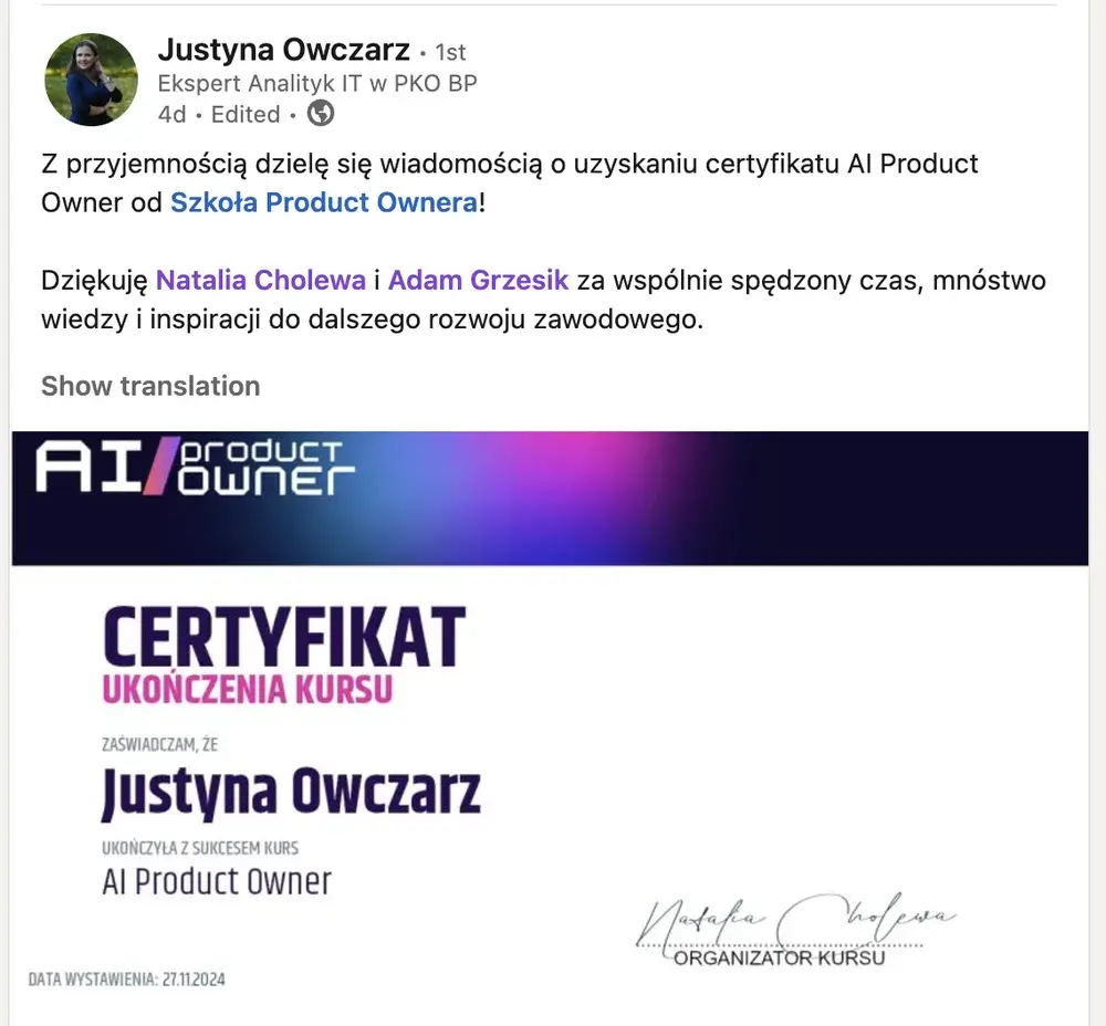 Opinia (LinkedIn) — Justyna Owczarz, Ekspert Analityk IT w PKO BP
