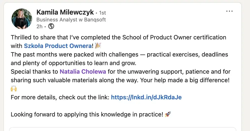 Opinia (LinkedIn) — Kamila Milewczyk, Business Analyst w Banqsoft