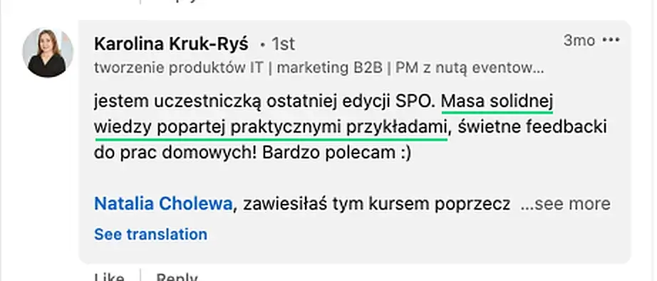 Opinia (LinkedIn) — Karolina Kruk-Ryś, tworzenie produktów IT | marketing B2B | PM z nutą eventow…