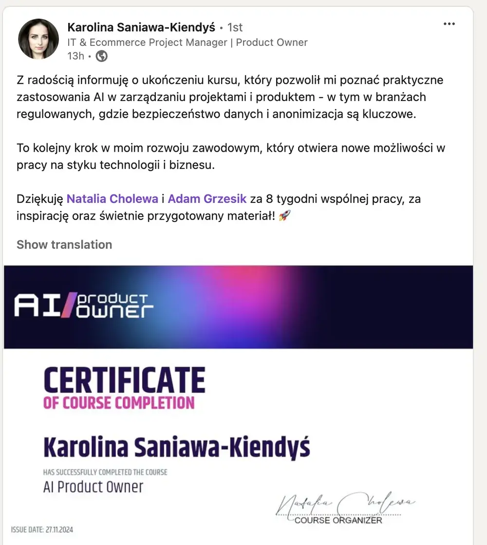 Opinia (LinkedIn) — Karolina Saniawa-Kiendyś, IT & Ecommerce Project Manager | Product Owner