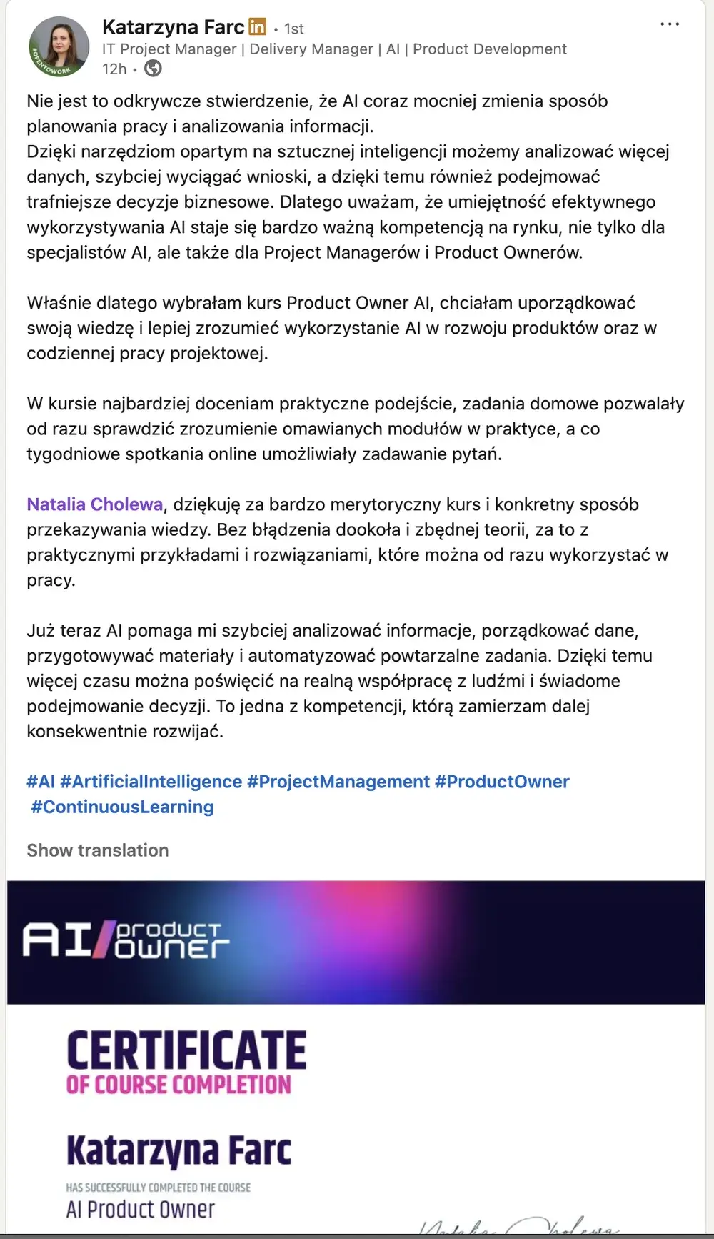 Opinia (LinkedIn) — Katarzyna Farc, IT Project Manager | Delivery Manager | AI | Product Development