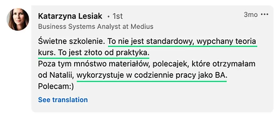 Opinia (LinkedIn) — Katarzyna Lesiak, Business Systems Analyst at Medius
