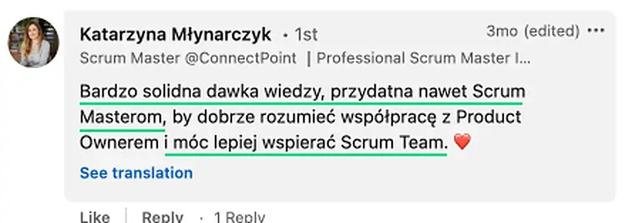 Opinia (LinkedIn) — Katarzyna Młynarczyk, Scrum Master @ConnectPoint | Professional Scrum Master I…