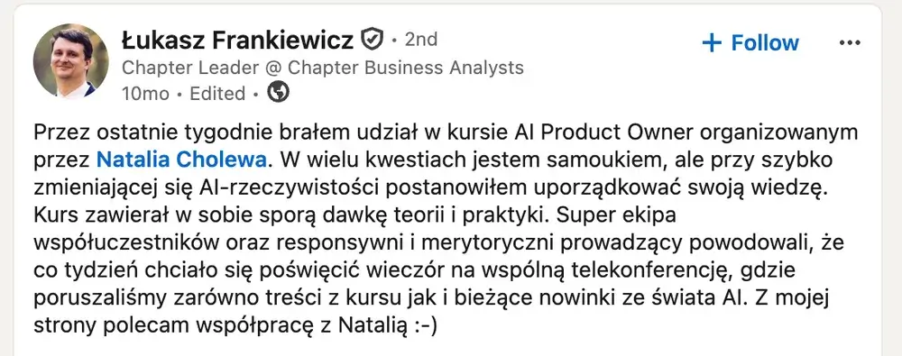 Opinia (LinkedIn) — Łukasz Frankiewicz, Chapter Leader @ Chapter Business Analysts