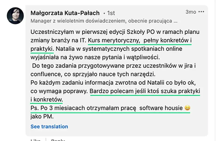 Opinia (LinkedIn) — Małgorzata Kuta-Pałach, Manager z wieloletnim doświadczeniem, obecnie pracująca […]