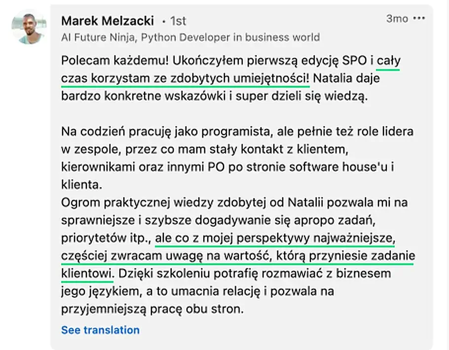 Opinia (LinkedIn) — Marek Melzacki, AI Future Ninja, Python Developer in business world