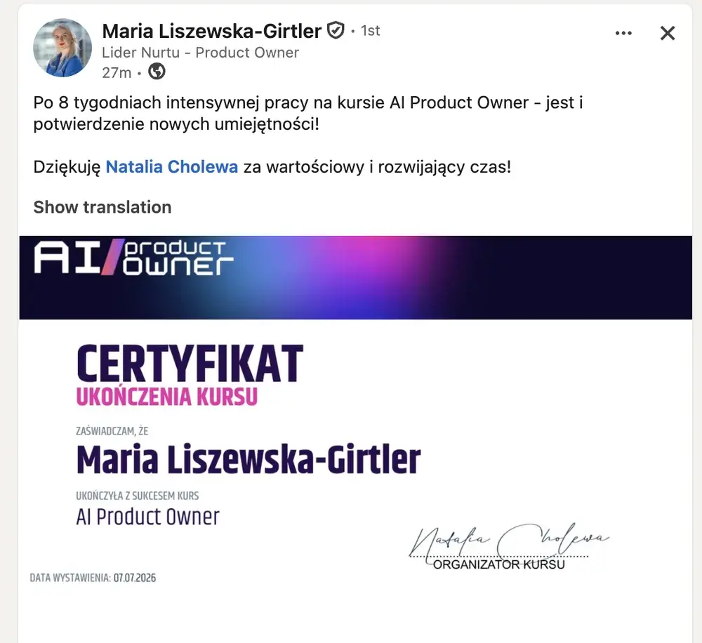 Opinia (LinkedIn) — Maria Liszewska-Girtler, Lider Nurtu - Product Owner