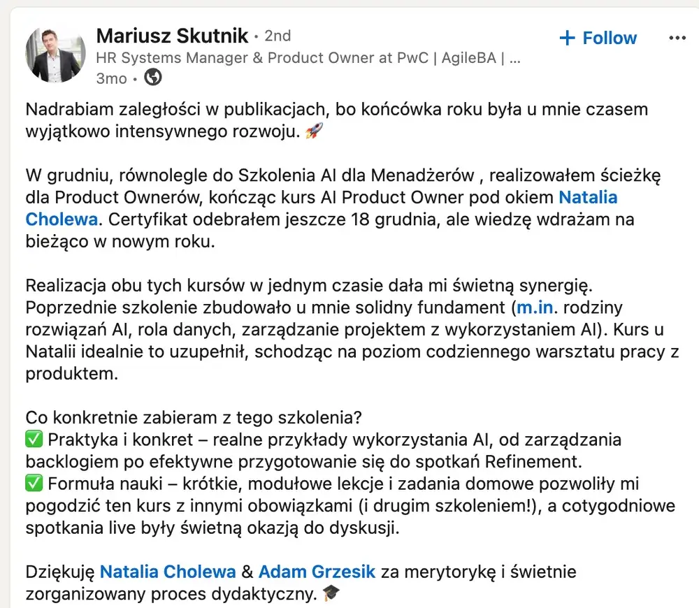 Opinia (LinkedIn) — Mariusz Skutnik, HR Systems Manager & Product Owner at PwC | AgileBA | …