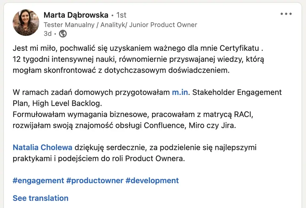 Opinia (LinkedIn) — Marta Dąbrowska, Tester Manualny / Analityk/ Junior Product Owner