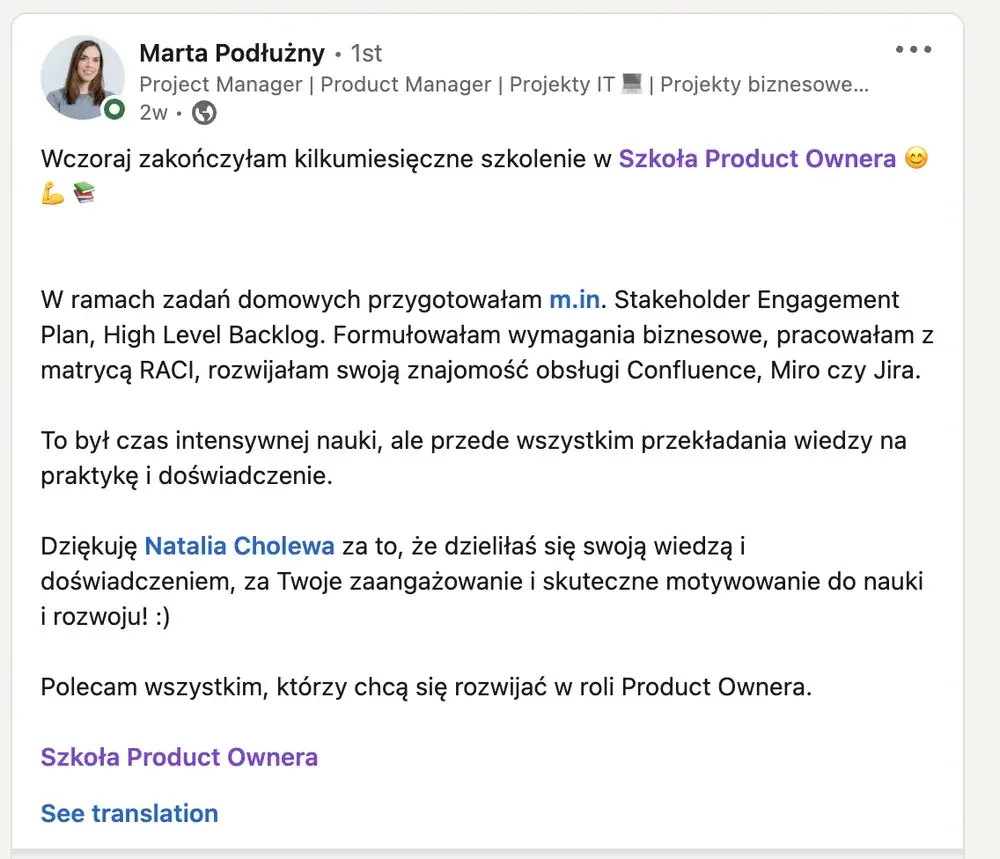 Opinia (LinkedIn) — Marta Podłużny, Project Manager | Product Manager | Projekty IT 💻 | Projekty biznesowe…