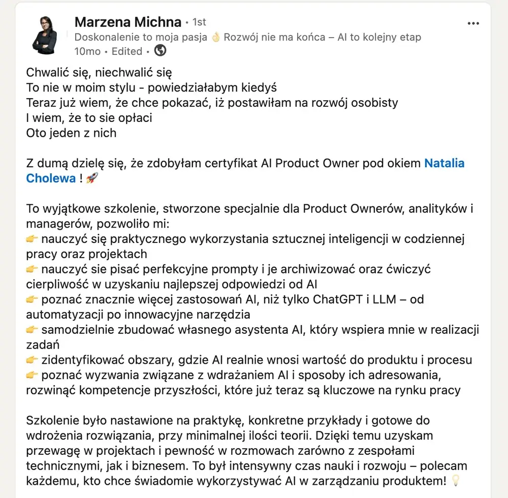 Opinia (LinkedIn) — Marzena Michna, Doskonalenie to moja pasja 👌 Rozwój nie ma końca – AI to kolejny etap