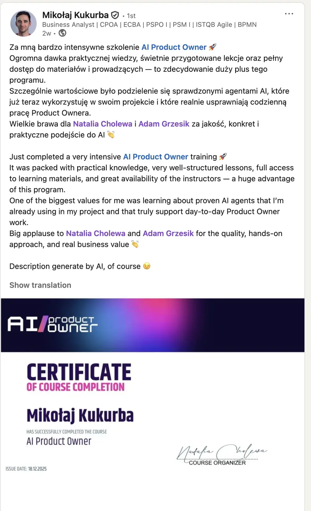 Opinia (LinkedIn) — Mikołaj Kukurba, Business Analyst | CPOA | ECBA | PSPO I | PSM I | ISTQB Agile | BPMN