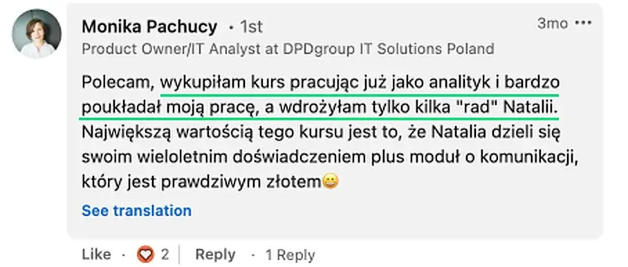 Opinia (LinkedIn) — Monika Pachucy, Product Owner/IT Analyst at DPDgroup IT Solutions Poland