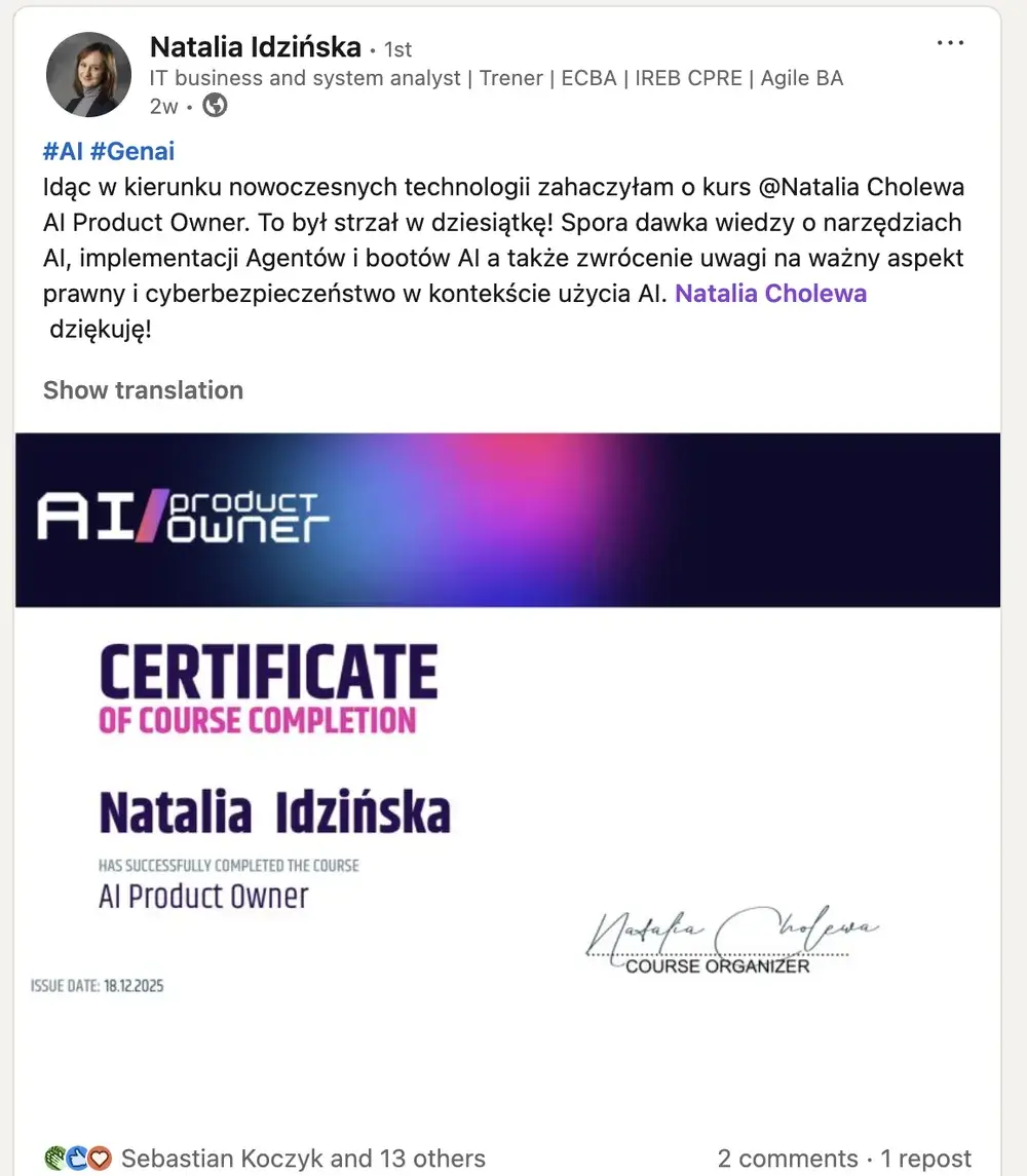 Opinia (LinkedIn) — Natalia Idzińska, IT business and system analyst | Trener | ECBA | IREB CPRE | Agile BA