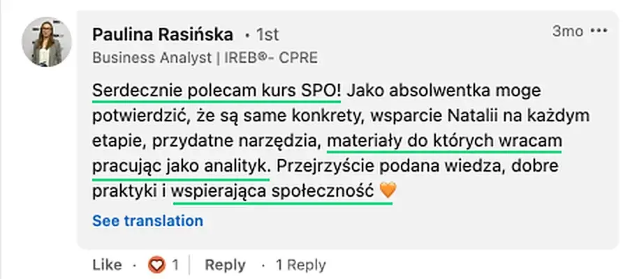 Opinia (LinkedIn) — Paulina Rasińska, Business Analyst | IREB®- CPRE